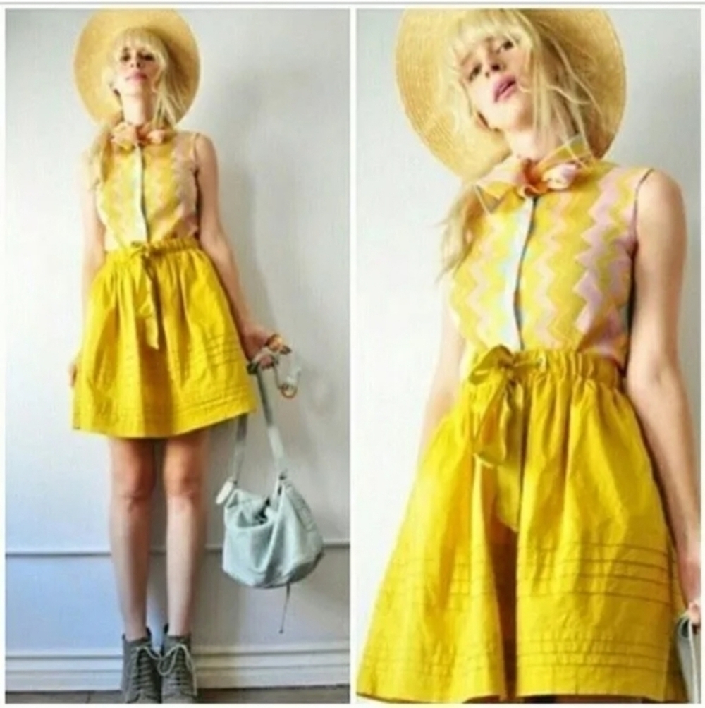Anthropologie Odille Drawing Parallels Pleated Pocket Skirt in Marigold Yellow